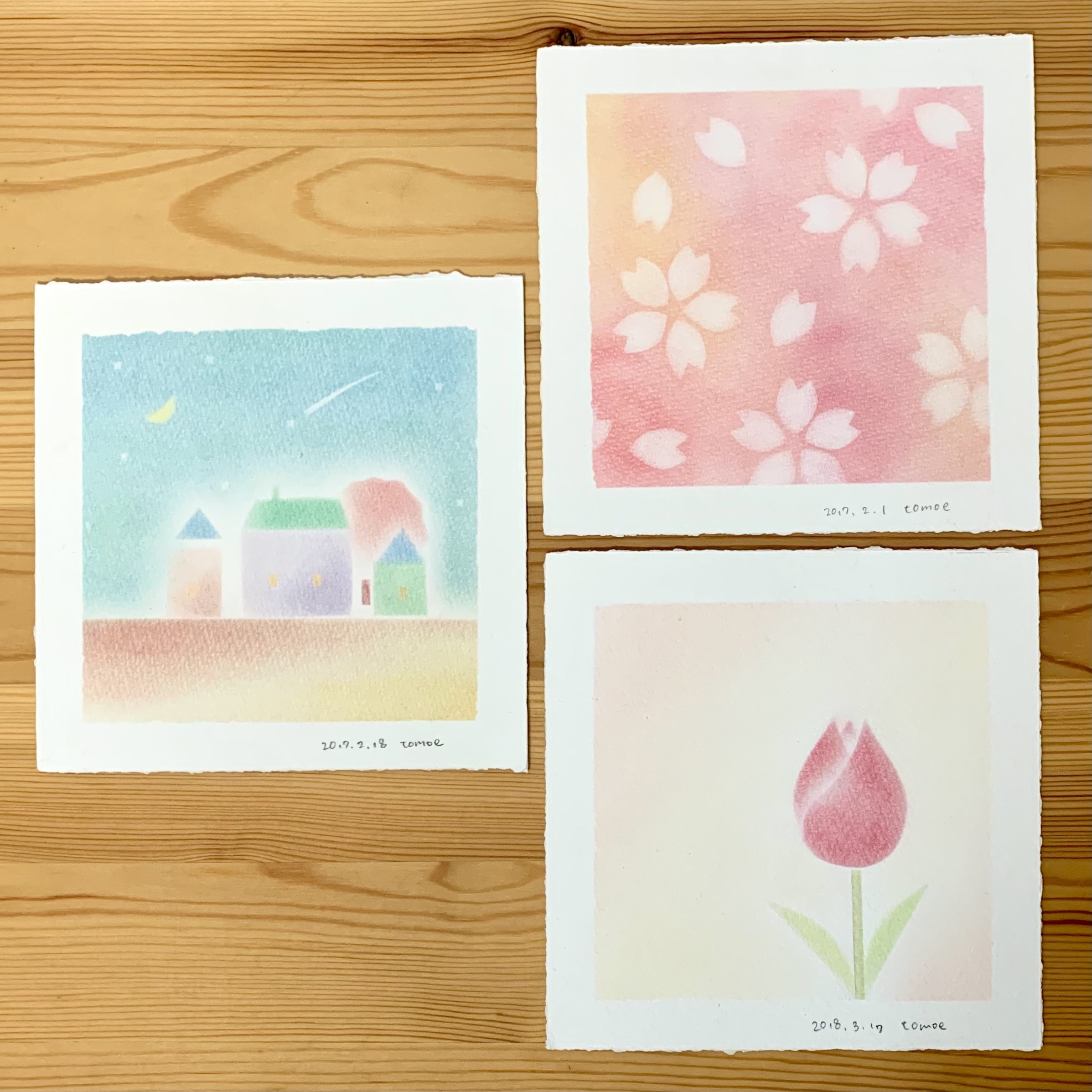 ＜季節のパステル＞パステルシャインアートで「チューリップ・桜、メルヘンな家」の写真