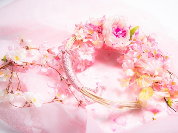 【期間限定】和風で春を彩る♪桜とピオニー・スィートピーの春満開リースの写真